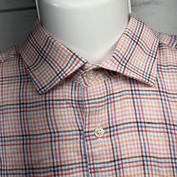 Peter Millar Men's Plaid Button Front Shirt Short Sleeve Linen Pink Size Large - Picture 4 of 9